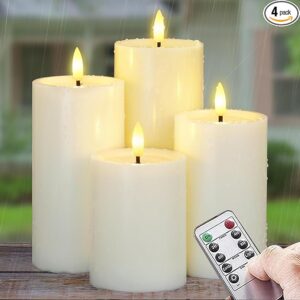 Yeelida Outdoor 4pcs Flameless Waterproof Candles with Handy Remote Control, Cycle Timer Battery Operated Candle Grease Effect LED Flickering Pillar Plastic Long Lasting (Ivory, 3" x4" 5" 6" 7")