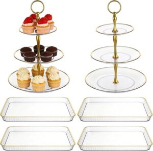 6 PCS Cupcake Stand Set, 3 Tiers Dessert Display Tower with Golden Rim, Rectangle Serving Trays