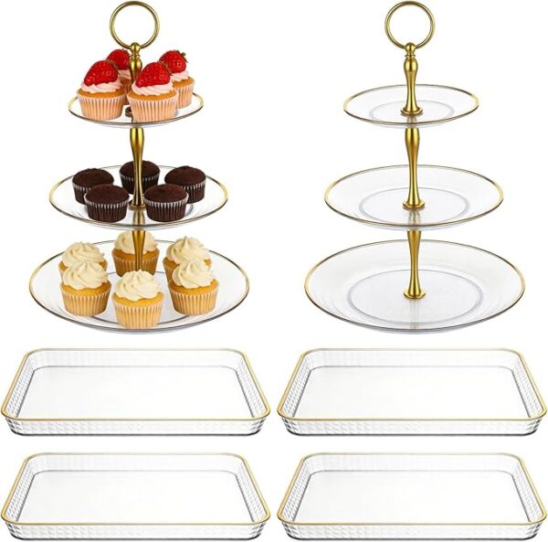 6 PCS Cupcake Stand Set, 3 Tiers Dessert Display Tower with Golden Rim, Rectangle Serving Trays