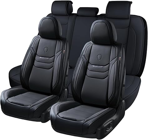 Coverado Leather Seat Covers for Cars, Car Seat Covers Full Set, Breathable Car Seat Protector with Lumbar Support, Black Seat Covers, Front and Back Waterproof