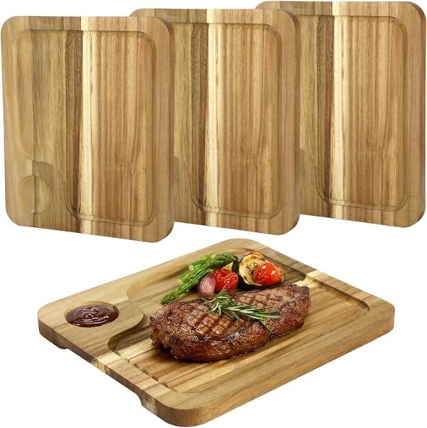 4PCS Acacia Wood Steak Plates, Wood Serving Tray for Food Vegetable, Charcuterie, Appetizer, Wooden Plate with Deep Grooves & Hidden Handles, Charcuterie Platter for Family Dinners (4PCS)