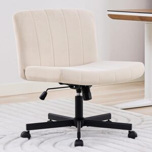 Criss Cross Chair, Wide Cross Legged Desk Chair with Wheels, Comfy Fabric Vanity Chair for Home Office, Adjustable Armless Swivel Task Chair with 90–115°Tilt（300Lbs/Beige）