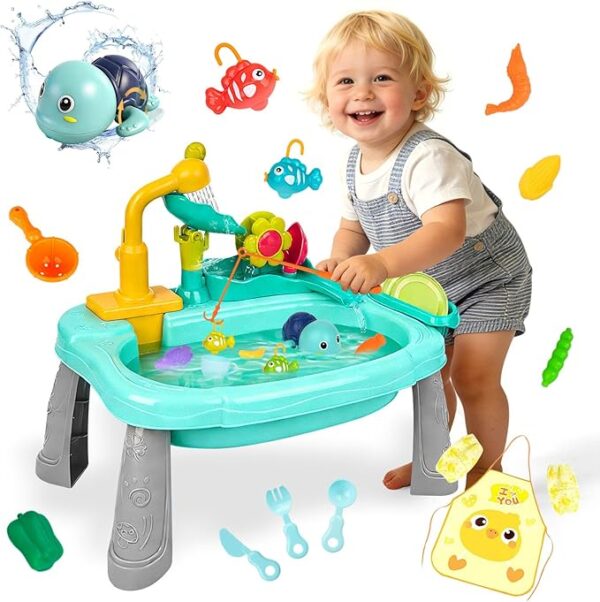 Mini Water Table for Toddler 1-3, Kids Play Sink with Running Water, Outdoor Toys for Kids Ages 4-8 with 360° Electric Faucet