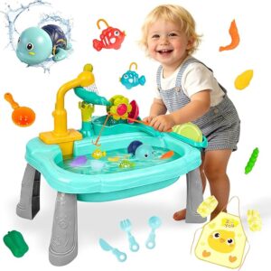 Mini Water Table for Toddler 1-3, Kids Play Sink with Running Water, Outdoor Toys for Kids Ages 4-8 with 360° Electric Faucet, Floating Fishing Game, Sensory Activity Kitchen Toy for Boys Girls