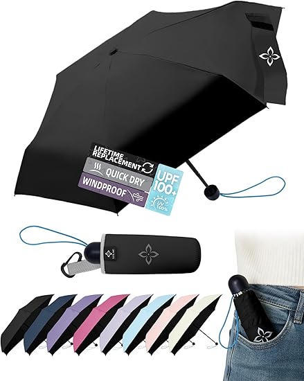 Mini Travel Umbrella for Rain - 43" Large Coverage Small Compact Umbrella, Reinforced Strong Frame, Lightweight Portable Parasol with UPF 100+ UV Protection