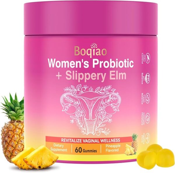 Feminine Probiotics Gummies with Slippery Elm - 60 Pineapple Gummies for Women ph Balance, Vaginal Probiotics Supports Flora, Gut Health & Immune System