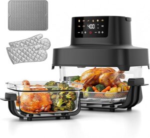 Glass Air Fryer Non Toxic, 6.3QT & 4.4QT Air Fryer with Dual Glass Baskets with Lids, 8-in-1 Portable Air Fryers Cristal