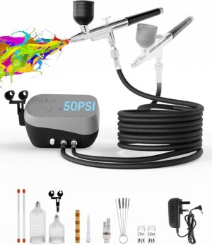 Airbrush Kit with Air Compressor,Dual-Action & Dual-Airflow 50 PSI High Pressure Air Brush with 0.2/0.3/0.5mm Nozzles & Cleaning Sets, for Painting, Nails, Modeling, Makeup, Cake Decor