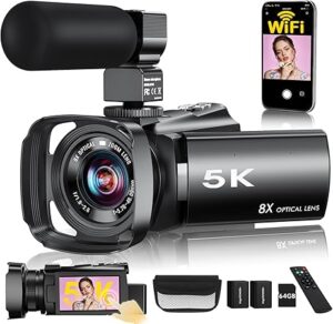 5K Video Camera Camcorder,64MP WiFi Vlogging Camera for YouTube with 8X Optical Zoom,3.5" IPS Touch Screen,Full-Color Night Vision,Live streaming,6-Axis Anti-Shake,64GB Card & Two 1400mAh Batteries