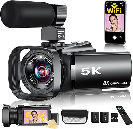 5K Video Camera Camcorder,64MP WiFi Vlogging Camera for YouTube with 8X Optical Zoom,3.5" IPS Touch Screen,Full-Color Night Vision,Live streaming,6-Axis Anti-Shake,64GB Card & Two 1400mAh Batteries