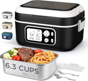 Electric Heated Lunch Box for Men, 6.3 Cup 100W Cordless Lunch Box Food Warmer with 24000mAh Battery for Self Heating, Including Cutlery, Insulated Bag and Divider for Women Adults(Black+White)