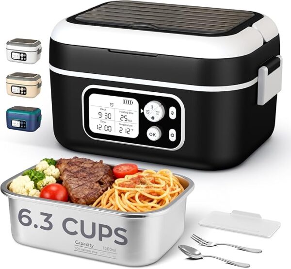 Electric Heated Lunch Box for Men, 6.3 Cup 100W Cordless Lunch Box Food Warmer with 24000mAh Battery for Self Heating, Including Cutlery, Insulated Bag and Divider for Women Adults(Black+White)