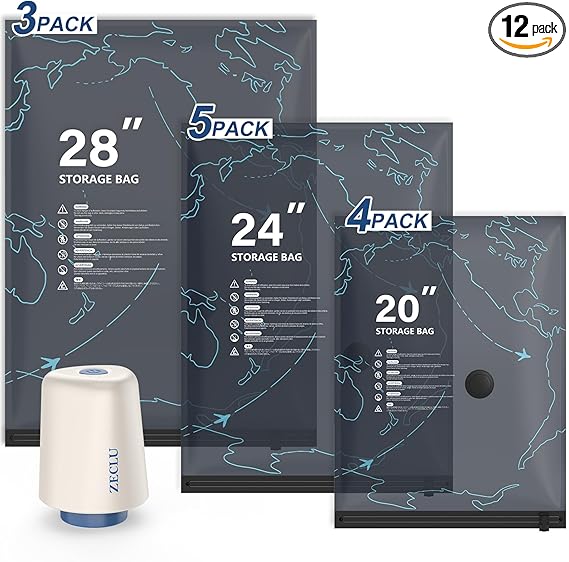 Travel Vacuum Bags with Rechargeable Pump, 12 Pack Vacuum Seal Bags for Clothing Space Saver Vacuum Storage Bags Storage