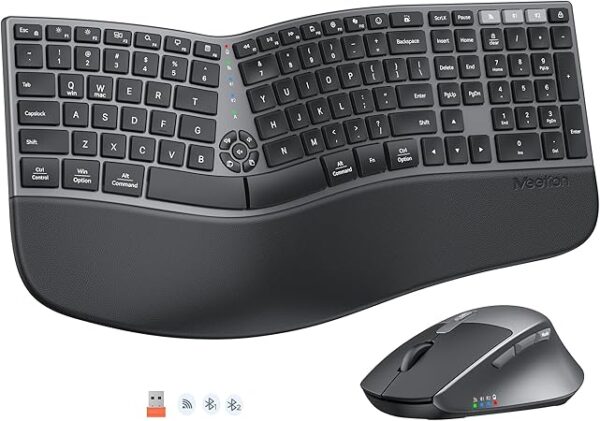 Ergonomic Keyboard and Mouse Wireless, Split Curved 2.4G & Bluetooth Keyboard Mouse, Full-size Cushioned Palm Rest Keyboard, 4 Adjustable DPI Mouse, Compatible for Windows/Mac/PC/Laptop, Black