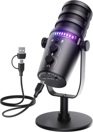 Gaming Microphone for PC, USB Computer Mic with Mute Button, LED Status Light, Gain Control and Headphone Jack, Plug-and-Play for Streaming, Discord, Twitch, YouTube, Podcast, Mac/Windows/PS5