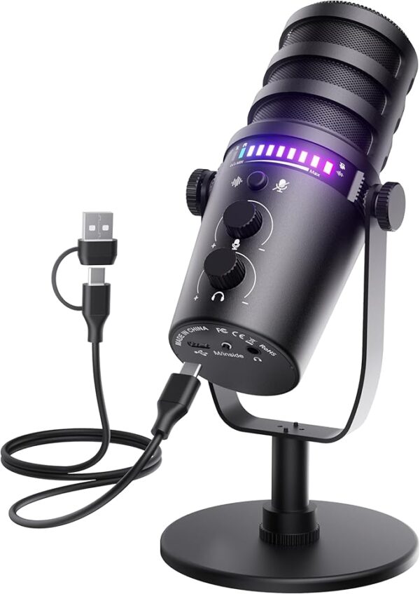 Gaming Microphone for PC, USB Computer Mic with Mute Button, LED Status Light, Gain Control and Headphone Jack, Plug-and-Play for Streaming, Discord, Twitch, YouTube, Podcast, Mac/Windows/PS5