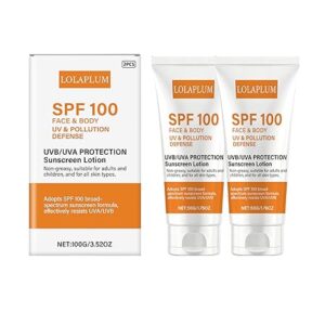 SPF 100 Face & Body Sunscreen, Broad Spectrum Protection with Antioxidants, Oil-Free & Non-Greasy Sun Screen, Travel Size Sunblock, Lightweight Daily Moisturizer for Sun Sensitive Skin, 2 Pack SQ