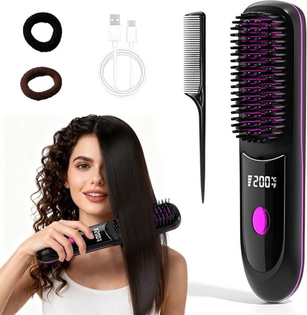 Cordless Hair Straightener Brush Pro for Short Hair, 3 Speed Temp with LED Display, Fast Heating Portable USB Rechargeable