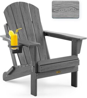 Folding Adirondack Chair Wood Texture, Patio Chairs Weather Resistant, Outdoor Chair, Lawn Chair with Cup Holder