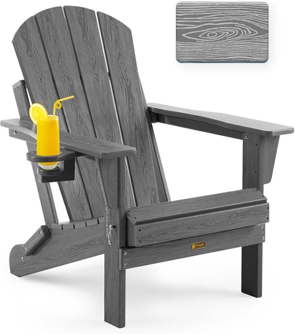Folding Adirondack Chair Wood Texture, Patio Chairs Weather Resistant, Outdoor Chair, Lawn Chair with Cup Holder
