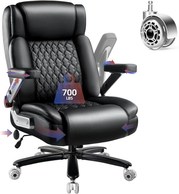 Large Heavy Duty Office Chair with 5D Flip Arms, Big and Tall Office Chair,High Back Computer Executive Desk Chair with Adjustable Lumbar Support,Dual Rubber Wheel(Black)