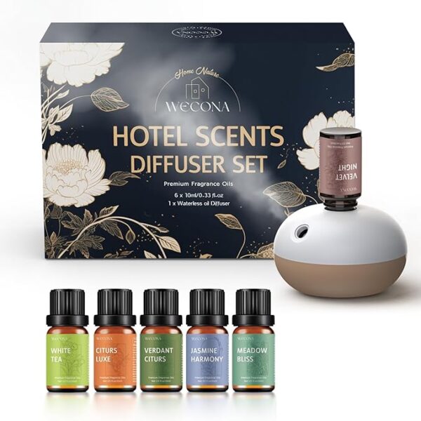 Waterless Rechargeable Scent Diffuser – Hotel Collection Diffuser Set with 6 Hotel Essential Oils