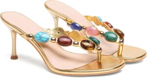 Women's Jeweled Thong Strappy Sandal Summer Mules Kitten Heels Flip Flop Round Open Toe Mid Heels
