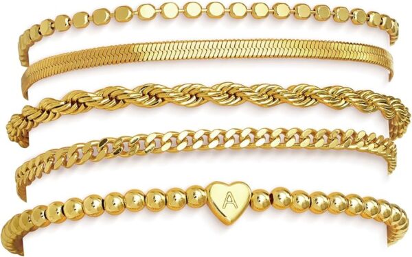 71pQH3MQb2L._AC_SY535_ Mothers Day Gifts Gold Bracelets for Women Waterproof Stackable Heart Initial Charm Bracelets Set A-Z Letter 14K Gold Plated Adjustable Chain Link Stack Jewelry