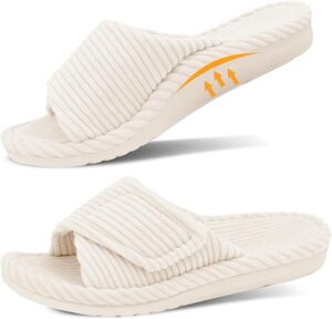 Slippers for Women Arch Support Indoor Slippers for Plantar Fasciitis Orthotic Adjustable Open Toe Corduroy Bedroom House Shoes for Ladies