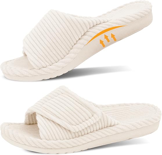 Slippers for Women Arch Support Indoor Slippers for Plantar Fasciitis Orthotic Adjustable Open Toe Corduroy Bedroom House Shoes for Ladies