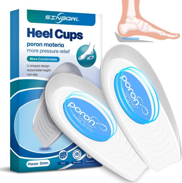 Poron Heel Pads for Shoes, Sports Traction Shock Absorbing Gel Heel Cups, 2 Pack for Achilles Tendonitis, Plantar Fasciitis, Heel Spurs & Heel Pain Relief for Men/Women (L, 3mm Thick)