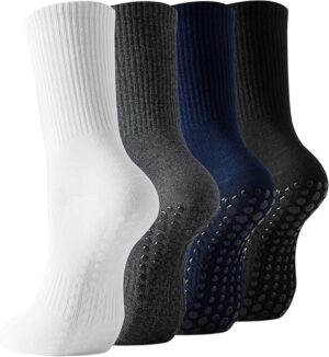 Non Slip Grip Socks for Men, 4 Pairs Mens Grippy Pilates Yoga Hospital Gym Athletic Running Crew Socks