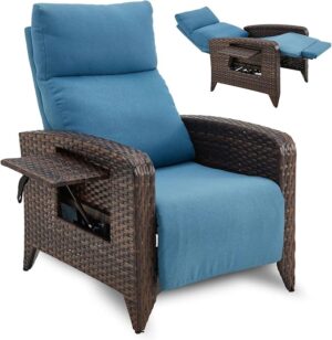 Outdoor Recliner Chair, Reclining Patio Chairs with Adjustable Back up to 150°Lay Flat and Extended Footrest, Wicker Recliner Chairs with Flip Table and Removable Olefin Cushion