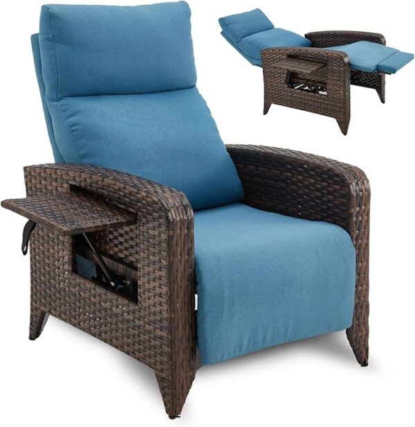 Outdoor Recliner Chair, Reclining Patio Chairs with Adjustable Back up to 150°Lay Flat and Extended Footrest, Wicker Recliner Chairs with Flip Table and Removable Olefin Cushion