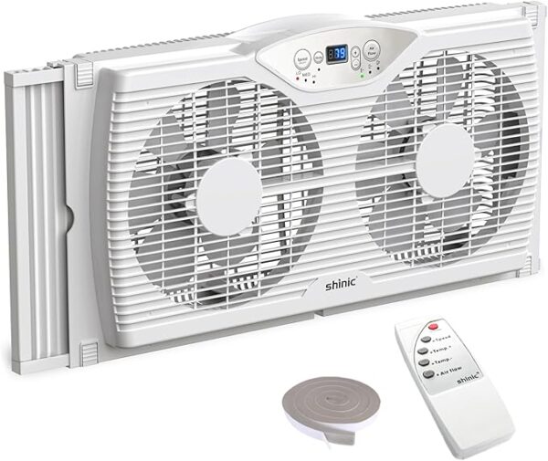 Twin Window Fan with Reversible Airflow, Thermostat Controlled, 3 Speeds & 3 Functions(Exhaust, Intake & Circulate), 23.8" - 37" Expandable Width for Home Kitchen Use