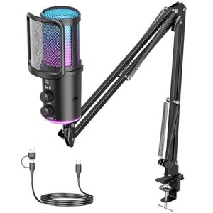 Gaming USB Microphone, Noise Cancellation Condenser Mic with Mute,Boom Arm Mic-Reverb Adjustment, Monitoring for Streaming