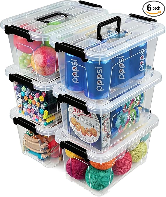 Plastic Storage Bins with Lids 6 Pack Storage Organizer, 7 Quart Stackable Storage Boxes with Buckle Lids and Handle