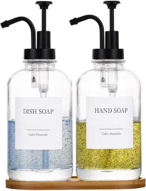 Glass Soap Dispenser with Pump, Dish and Hand Soap Dispenser for Kitchen Bathroom Set