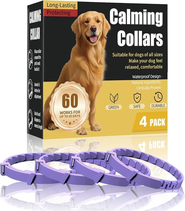 71y5wX5Qn1L._AC_SX679_ Calming Collar For Dogs 4 Packs, Effectively Relieves Anxiety from Noise, Separation, New environment, Fireworks, Adjustable 25” Flexible, Lasts 60 Days, Purple, Suitable for All Dog Sizes & Ages