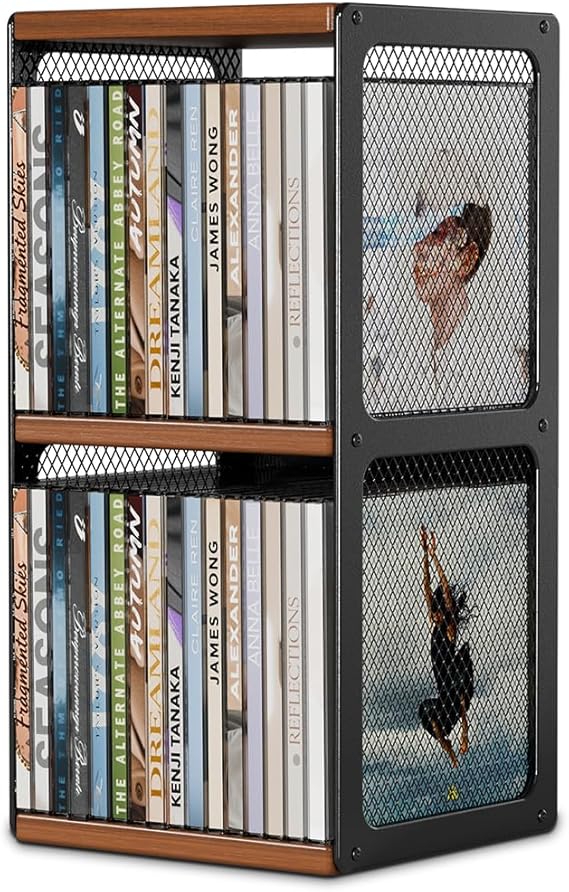 CD Storage Holder,CD Rack Organizer,Wood CD Display,Hold 32 Cases,CD Display Storage Cube for Cassette,Tape, CDs,Video Game Cases in Home Office