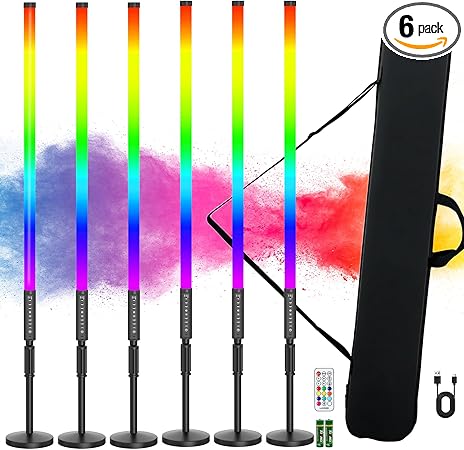 6Pack 3ft RGB Tube Light Portable 5000mAh Battery Powered with Stand Handheld Color Neon Light Bar LED Video Light with Bag for Photography