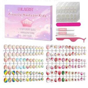 144 PCS Press on Nails for Kids – 6 Styles 12 Sizes Cute Fake Nails for Kids, Girls Nails Set for Girls Age 8-12 with Jelly Nail Adhesives & Nail Glue