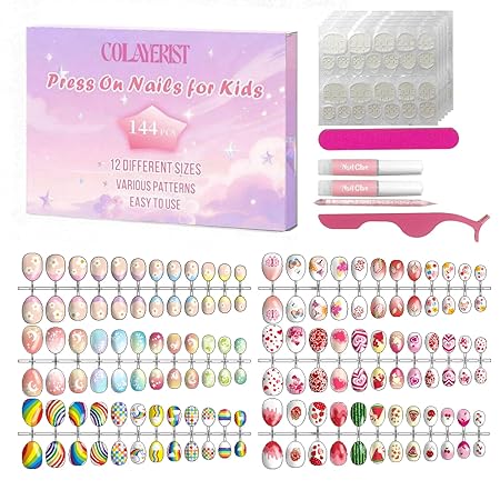 144 PCS Press on Nails for Kids – 6 Styles 12 Sizes Cute Fake Nails for Kids, Girls Nails Set for Girls Age 8-12 with Jelly Nail Adhesives & Nail Glue