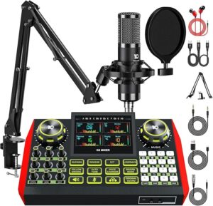 Podcast Equipment Bundle,Audio Mixer Sound Board Live Sound Card,Podcast Microphone Bundle with 3.5mm Condenser Microphone for PC
