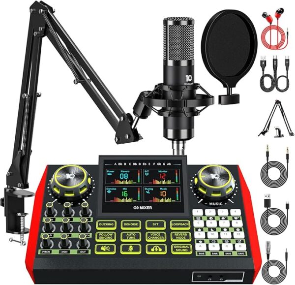 Podcast Equipment Bundle,Audio Mixer Sound Board Live Sound Card,Podcast Microphone Bundle with 3.5mm Condenser Microphone for PC