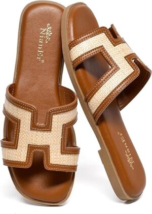 Womens Microfiber Leather Comfort Foam Support H Sandals Square Toe Dress Dressy Slip On Casual