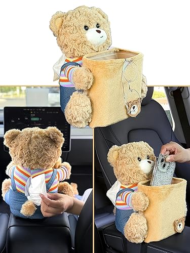 819AtWRw5sL._SY500_ Cute Car Trash Can with Tissue Holder Teddy Bear Tissue Box Console Stuffed Animal Organizer Plush Doll Multifunctional Creative Accessories for Women Rainbow Bear