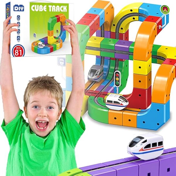Magnetic 3D Flexible Race Track Train Set with Motorized Car, DIY Anti-Gravity Building Track STEM Toy for Kids Ages 3-10 (81PCS)