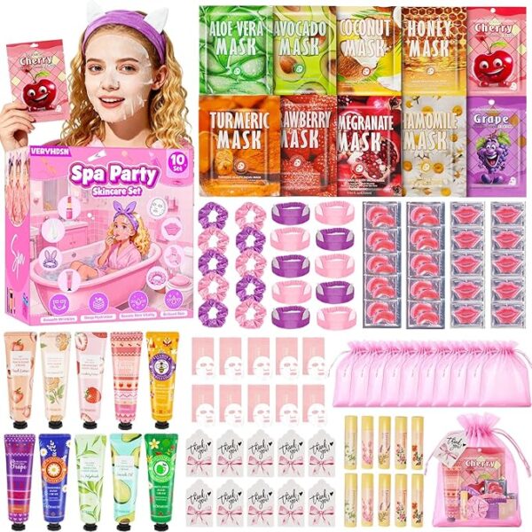 100PCS Spa Party Supplies for Girls, Sleepover & Slumber Party Supplies for Girls, Include Facial Masks, Hand Cream, Lip Balm, Under Eye Patches, Lip Mask, Spa Birthday Party Favors for Women