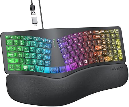 Ergonomic Keyboard Wired, 7 Colors Transparent Backlit, 4 Brightness, 1 RGB Breathing Backlit, Comfortable Wrist Rest Cushion, USB-A/USB-C Adapter Ergo Keyboard for Windows Mac Computer Laptop